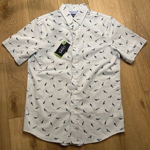 Chaps Mens Short Sleeve Button‎ Down Blue Whale Size Med NEW Stretch